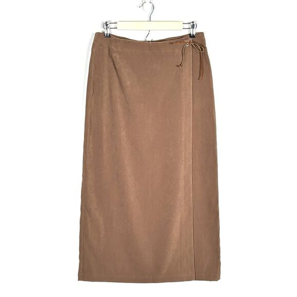 Vintage Womens Brown Faux Suede Midi Wrap Skirt Size 12 Quiet Luxury Equestrian - Picture 1 of 11